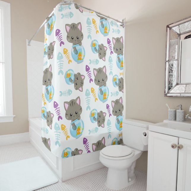 Rideaux De Douche Motif De Chats, Chats Mignons, Chatons, Poisson (En situation)