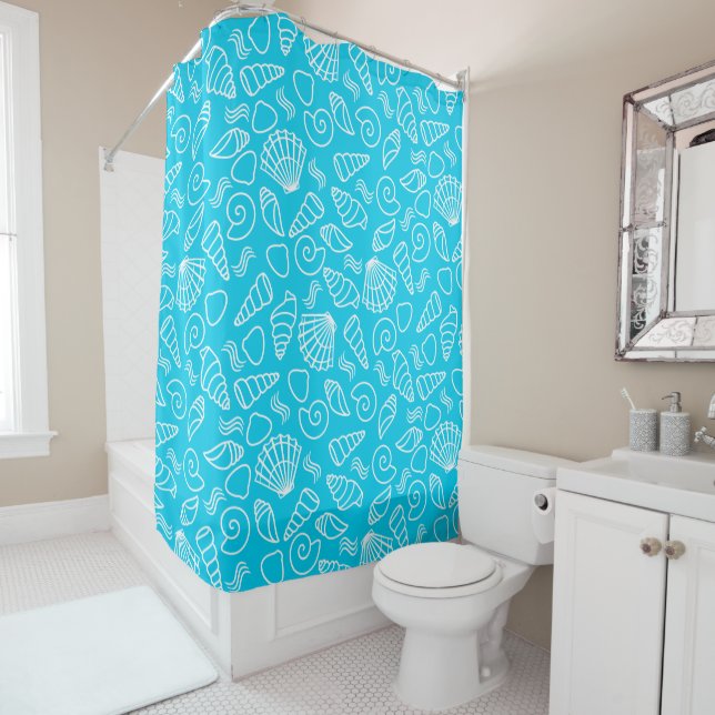 Rideaux De Douche Motif de coquillages sur Bleu Bleu (En situation)