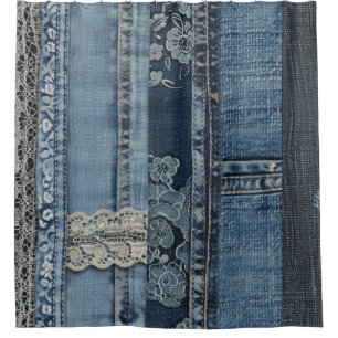 Rideaux De Douche Motif de dentelle à rayures en denim indigo