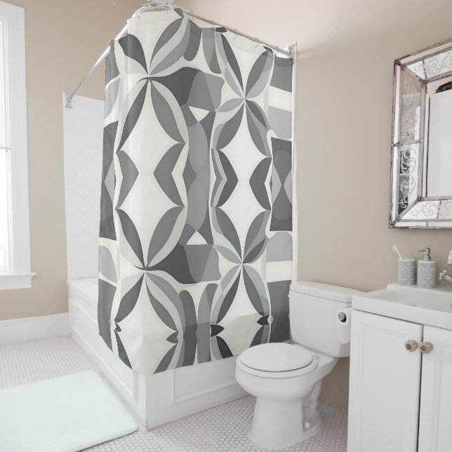 Rideaux De Douche Motif de diamant géométrique moderne en gris et bl (En situation)