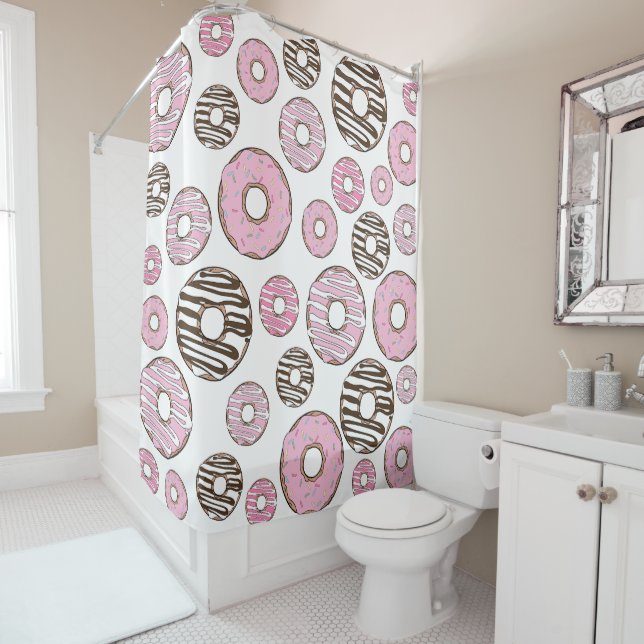 Rideaux De Douche Motif De Donuts, Donuts Roses, Donuts Blancs (En situation)
