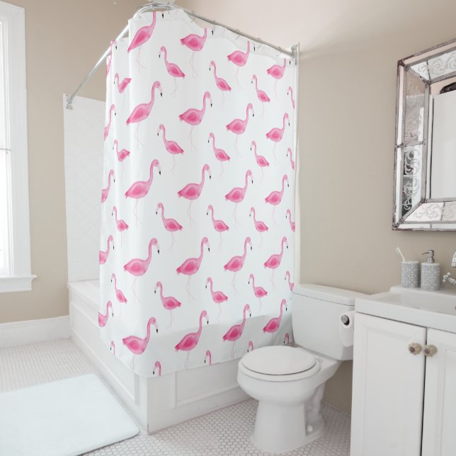 Rideaux De Douche Motif de Flamant rose d'aquarelle (En situation)