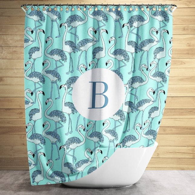Rideaux De Douche Motif de Flamants roses Bleu Monogramme (Cute Monogram Blue Flamingos Pattern Shower Curtain)