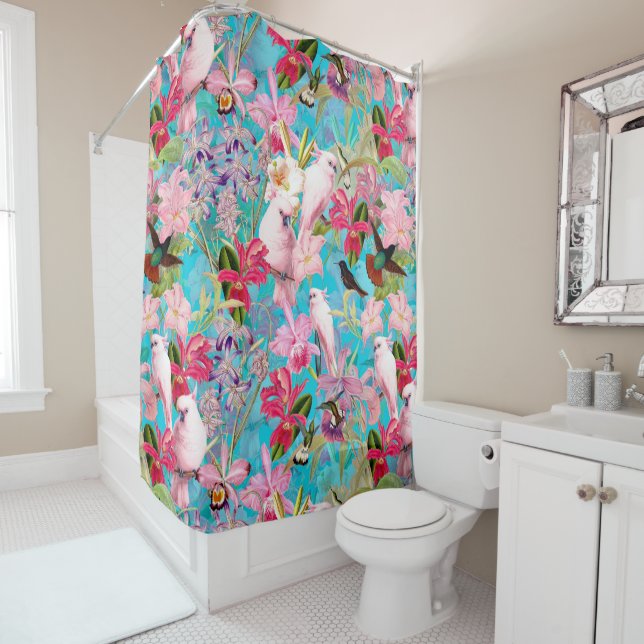 Rideaux De Douche Motif De Fleur D'Oiseau Et D'Orchidées Rose Tropic (En situation)