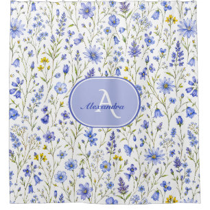 Rideaux De Douche Motif de fleur sauvage aquarelle bleue avec nom pe