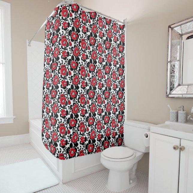 Rideaux De Douche Motif de fleurs rouge, noire et blanche (En situation)