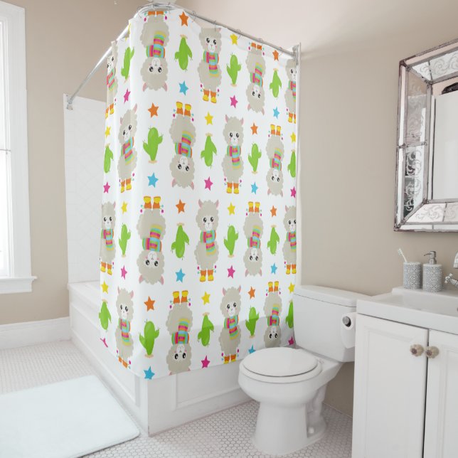 Rideaux De Douche Motif De Llamas, Cute Llamas, Alpacas, Cactus (En situation)