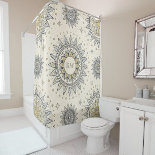 Rideaux De Douche Motif de mandala gris or monogramme