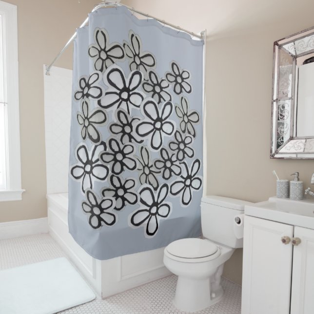 Rideaux De Douche Motif de marguerites noir et blanc (En situation)