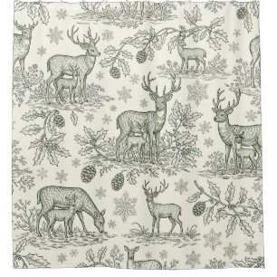 Rideaux De Douche Motif de Noël Cerfs Forêt Bois Toile Verte (3)