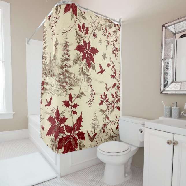 Rideaux De Douche Motif de Noël floral Poinsettia (8) (En situation)