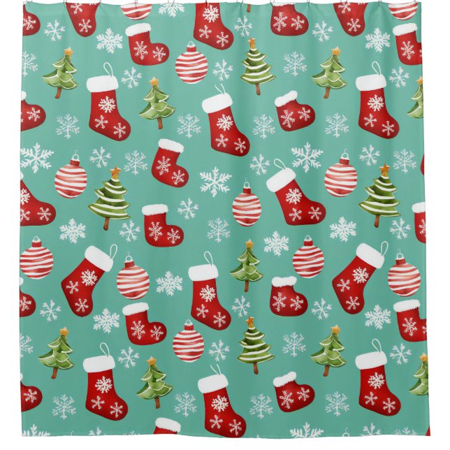 Rideaux De Douche Motif de Noël sans couture. Chaussettes, Arbres, B (Devant)