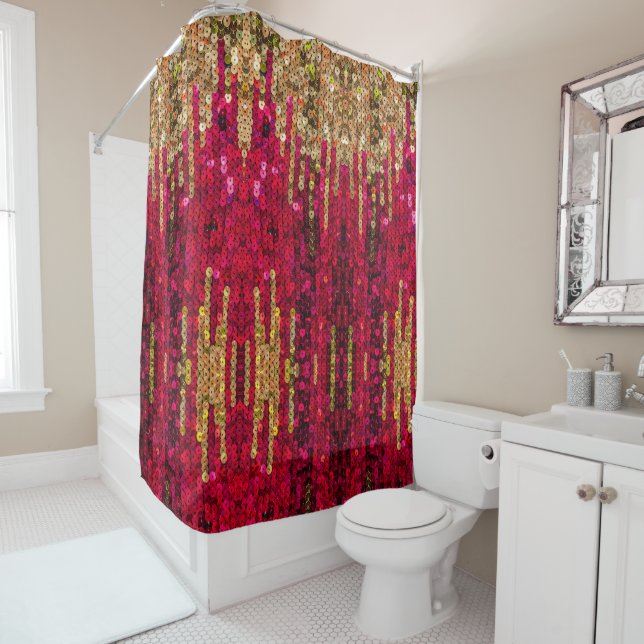 Rideaux De Douche Motif de paillettes rouge et or (En situation)