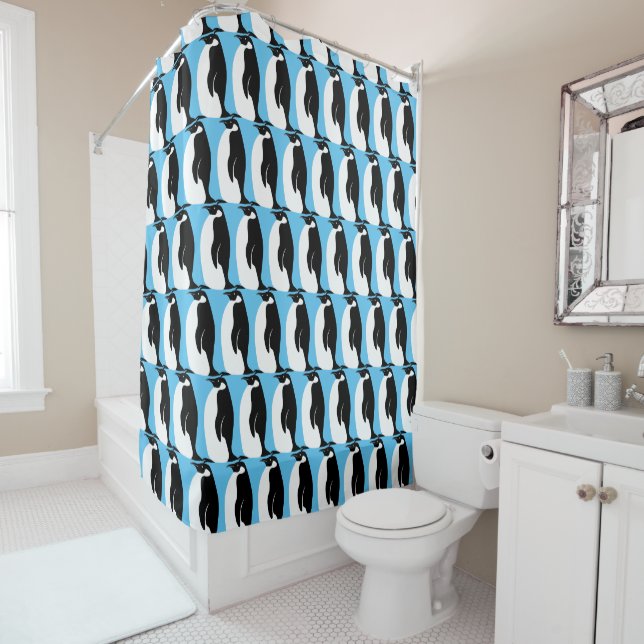 Rideaux De Douche Motif de pingouin Aqua noir blanc (En situation)