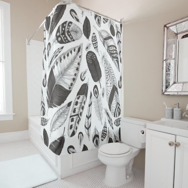 Rideaux De Douche Motif de plumes noir et blanc (En situation)