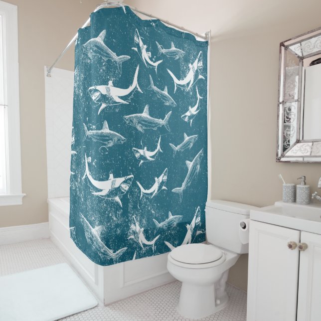 Rideaux De Douche Motif de requins bleus en détresse (En situation)