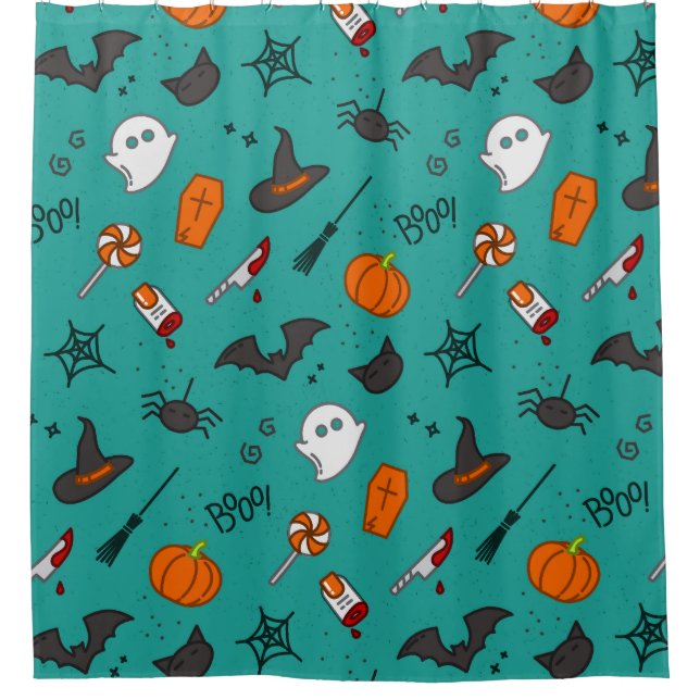 Rideaux De Douche Motif de style plat Halloween Turquoise. (Devant)