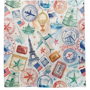 Rideaux De Douche Motif de tampon de voyage du monde vintage (3)