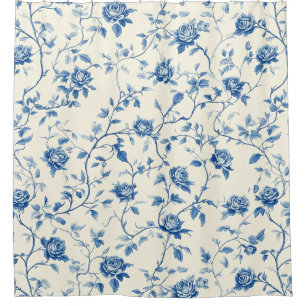 Rideaux De Douche Motif de toile florale vintage bleu (3)