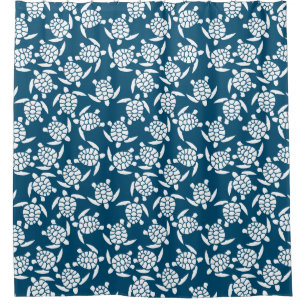 Rideaux De Douche Motif de tortue de style côtier blanc et bleu