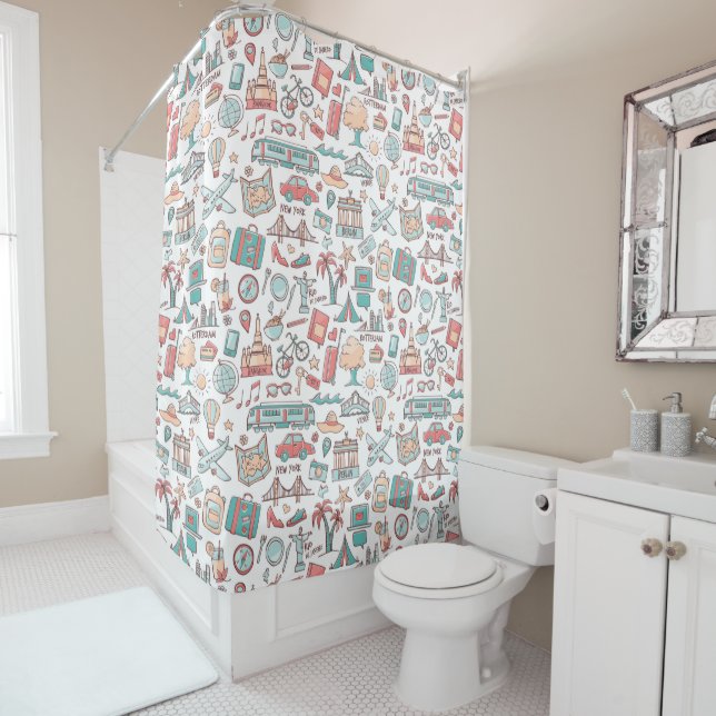 Rideaux De Douche Motif de touristes en pastel (En situation)