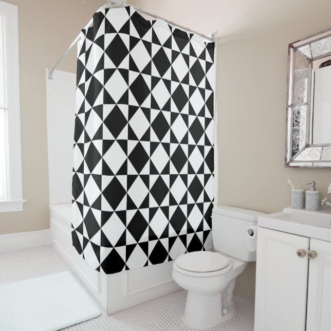 Rideaux De Douche Motif de triangles Carrés noir blanc (En situation)