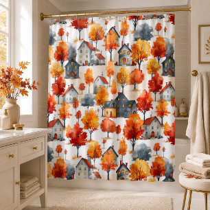 Rideaux De Douche Motif de village boisé aquarelle rustique