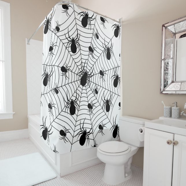 Rideaux De Douche Motif d'Halloween Black White araignées (En situation)