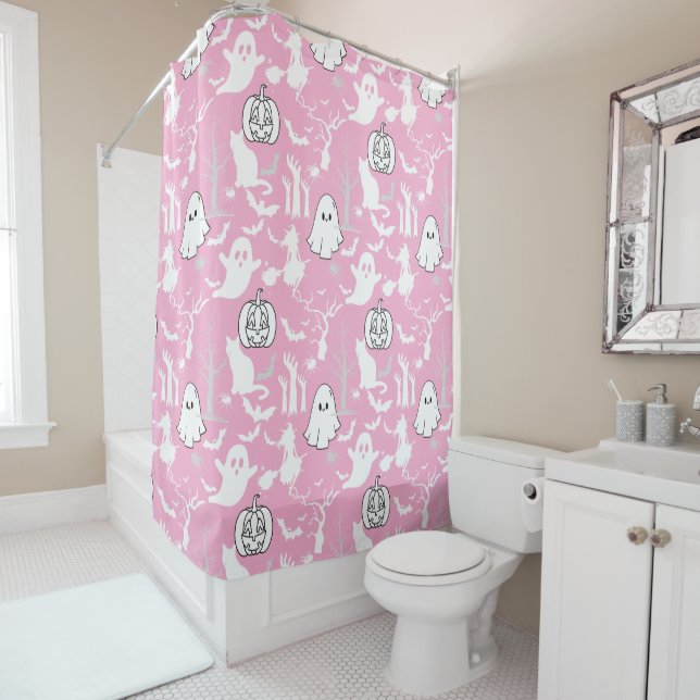 Rideaux De Douche Motif d'Halloween. Éffrayant et mignon.b Pink BG (En situation)