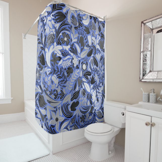 Rideaux De Douche Motif d'illustration Feuilles floral bleu argent (En situation)