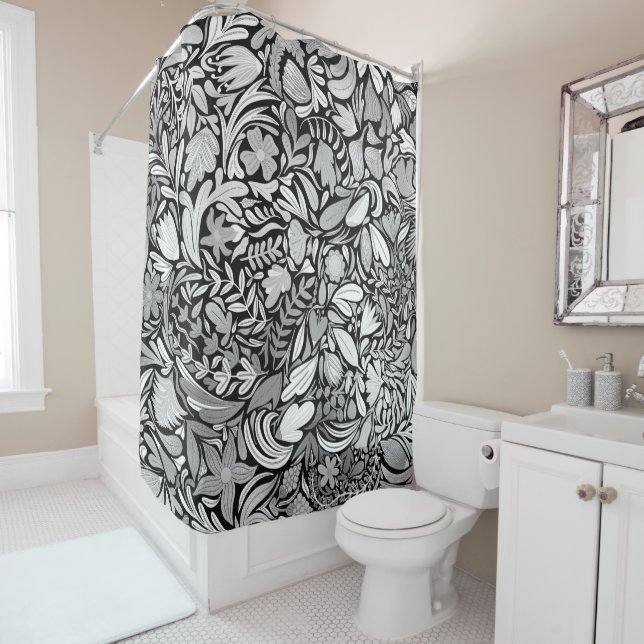 Rideaux De Douche Motif d'illustration Feuilles floraux noirs argent (En situation)