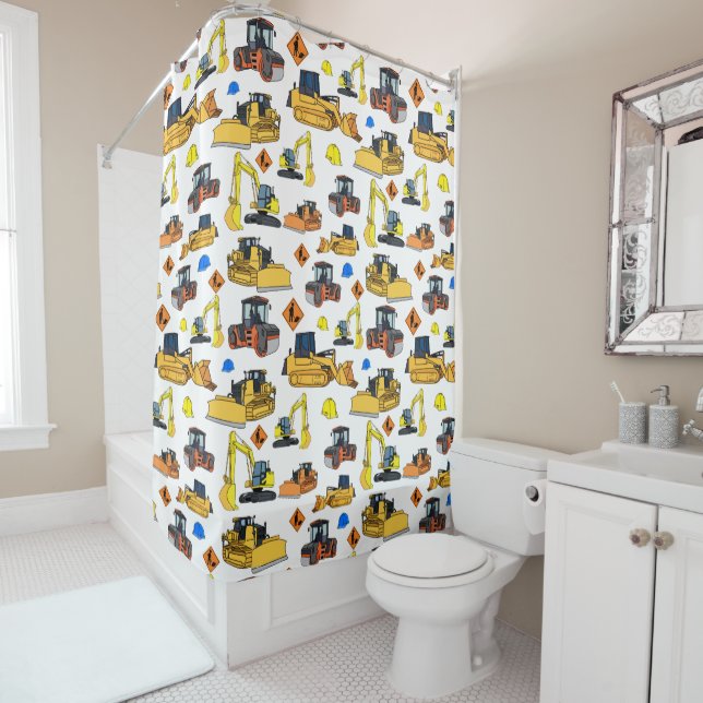 Rideaux De Douche Motif d'illustrations de véhicules de construction (En situation)