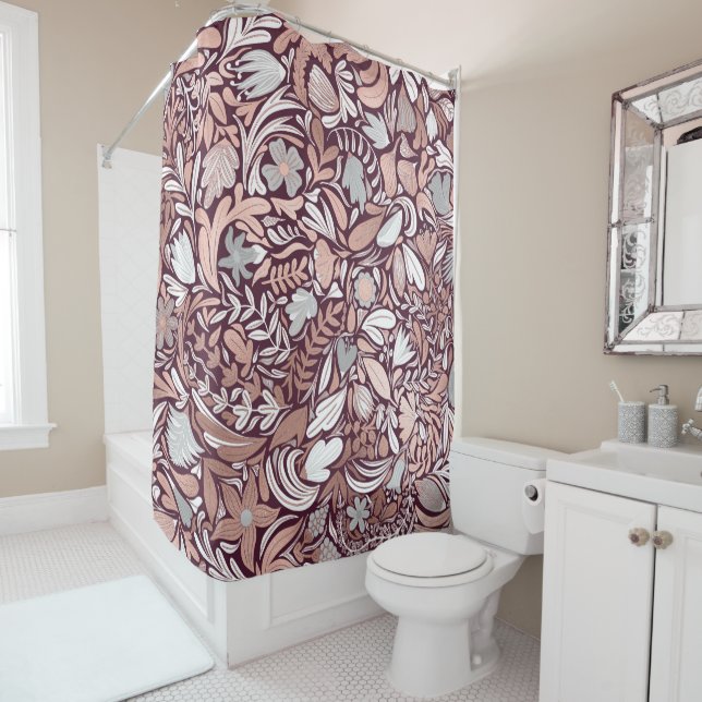Rideaux De Douche Motif d'illustrations florales de Bourgogne rose (En situation)