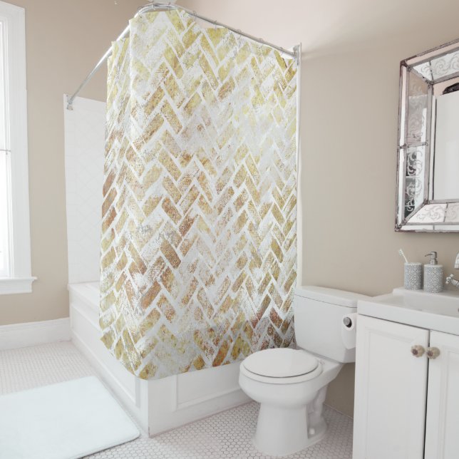 Rideaux De Douche Motif d'or moderne en détresse - Herringbone (En situation)