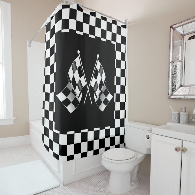 Rideaux De Douche Motif du drapeau cool noir et blanc À damiers (En situation)