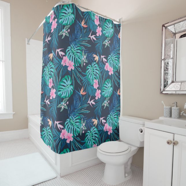 Rideaux De Douche Motif du Jardin des Fleurs Tropicales Bleues (En situation)