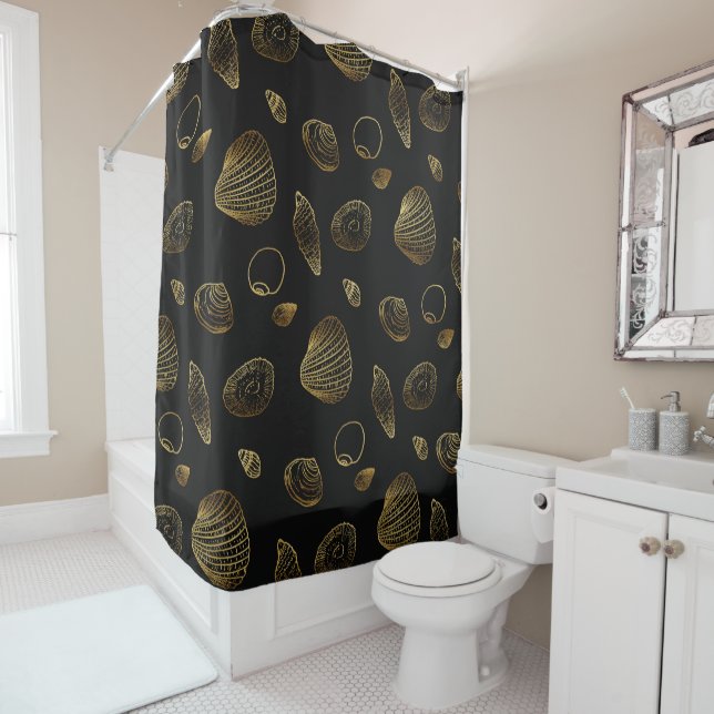 Rideaux De Douche Motif élégant Black Gold Seashells (En situation)