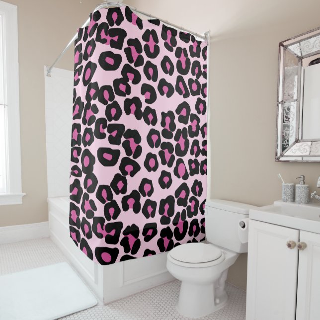 Rideaux De Douche Motif Empreinte de léopard rose et noir (En situation)