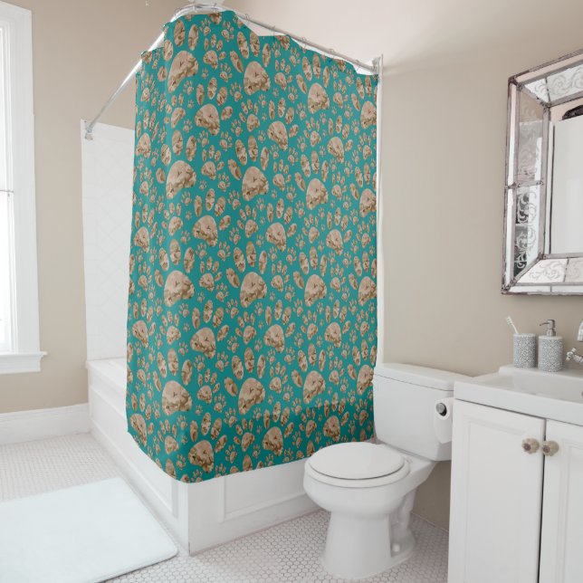 Rideaux De Douche Motif Empreinte de patte Camo Dog Turquoise (En situation)