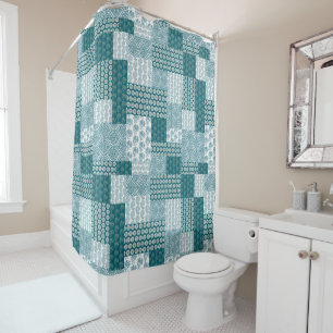 Rideaux De Douche Motif ethnique chic, Teal et blanc de patchwork de