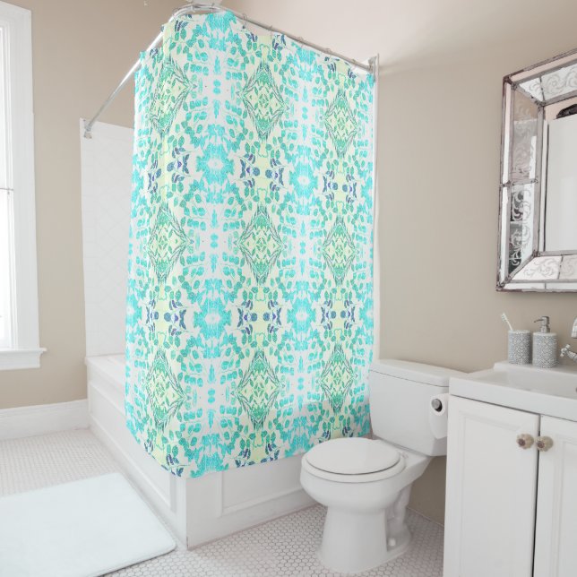 RIDEAUX DE DOUCHE MOTIF FEUILLE GÉOMÉTRIQUE CLAIR BLEU & VERT (En situation)