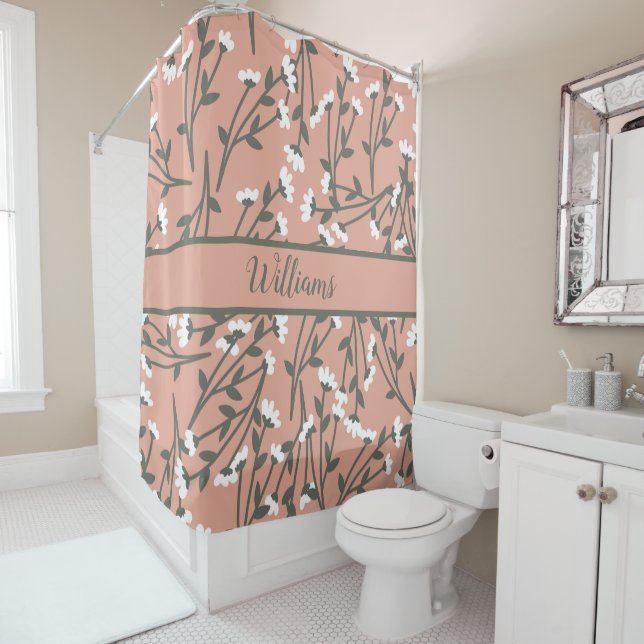 Rideaux De Douche Motif floral blanc brodé rose et vert  (En situation)