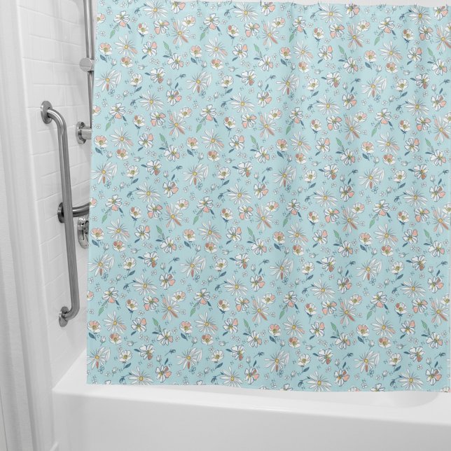 Rideaux De Douche motif floral bleu clair rétro (Créateur téléchargé)