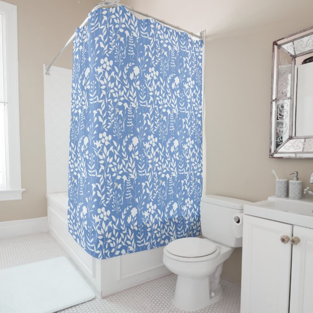 Rideaux De Douche Motif floral bleu ST02x4 blanc (En situation)