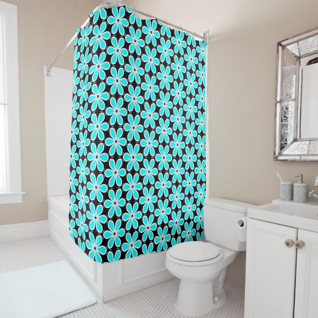 Rideaux De Douche Motif floral bleu turquoise et noir (En situation)