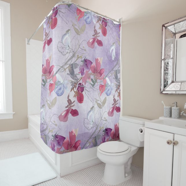 Rideaux De Douche Motif Floral de pois doux sur violet (En situation)