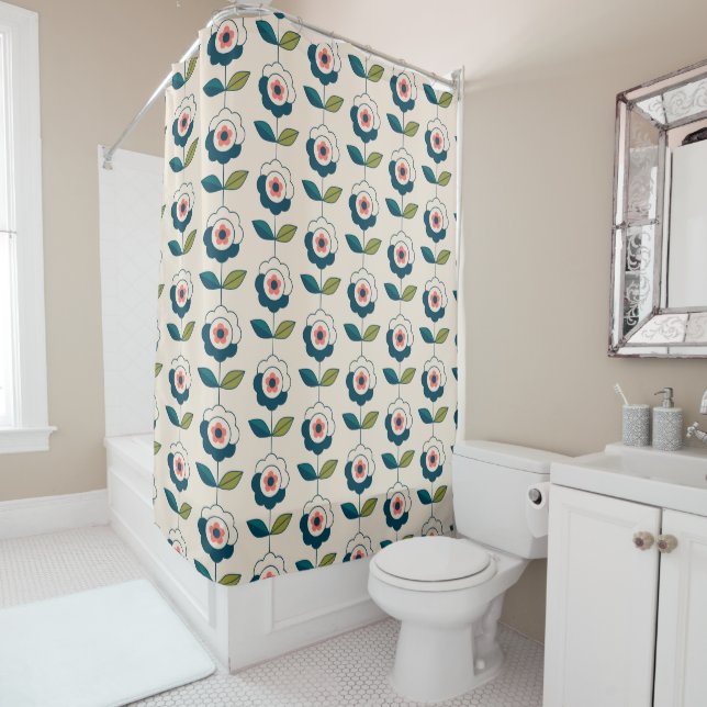 Rideaux De Douche Motif floral de rétro turquoise (En situation)