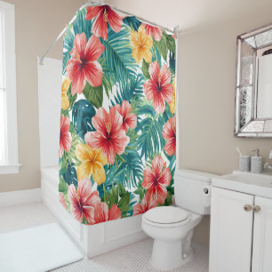Rideaux De Douche Motif floral lumineux d'hibiscus tropical aquarell
