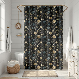 Rideaux De Douche Motif Floral Orné Or Et Bleu