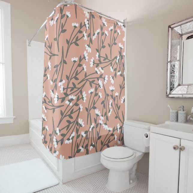 Rideaux De Douche Motif floral rose blanc et vert (En situation)